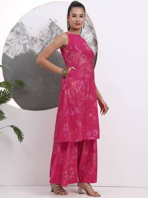 pink silk blend boat neck a-line kurta palazzo set 5