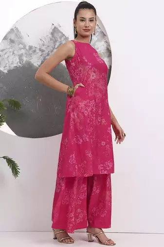pink silk blend boat neck a-line kurta palazzo set
