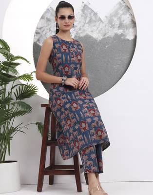 blue animal print aline pure cotton kurta trouser set 1