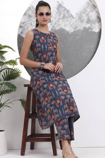 blue animal print aline pure cotton kurta trouser set