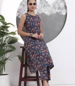 blue animal print aline pure cotton kurta trouser set