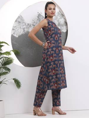 blue animal print aline pure cotton kurta trouser set 2