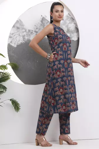 blue animal print aline pure cotton kurta trouser set