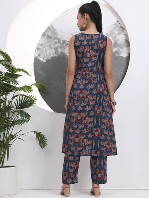 blue animal print aline pure cotton kurta trouser set 3