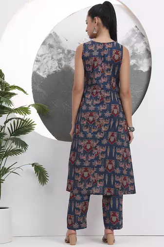 blue animal print aline pure cotton kurta trouser set