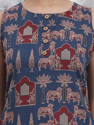 blue animal print aline pure cotton kurta trouser set 4