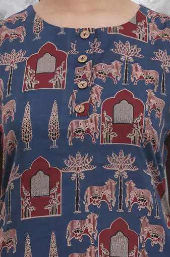 blue animal print aline pure cotton kurta trouser set