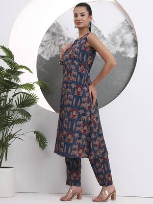 blue animal print aline pure cotton kurta trouser set 5