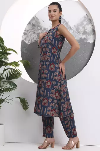 blue animal print aline pure cotton kurta trouser set