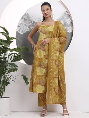 mustard floral print sequins work cotton kurta trouser with dupatta set 1