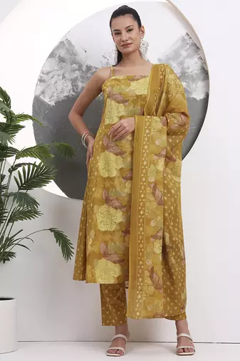 Yufta mustard floral print sequins work cotton kurta trouser with dupatta set
