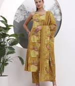 mustard floral print sequins work cotton kurta trouser with dupatta set