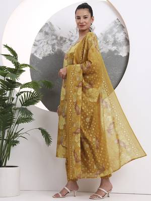 mustard floral print sequins work cotton kurta trouser with dupatta set 2