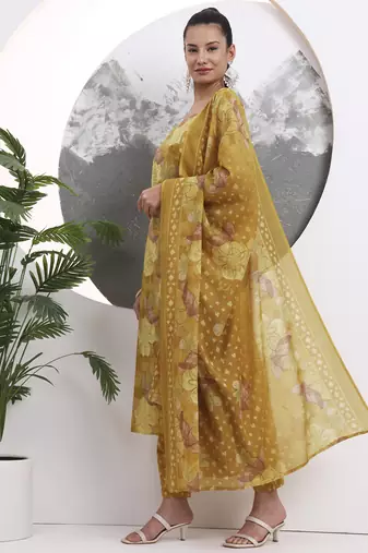 mustard floral print sequins work cotton kurta trouser with dupatta set