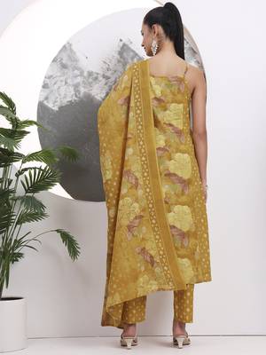 mustard floral print sequins work cotton kurta trouser with dupatta set 3