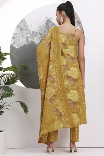 mustard floral print sequins work cotton kurta trouser with dupatta set