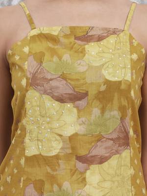 mustard floral print sequins work cotton kurta trouser with dupatta set 4