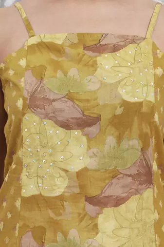 mustard floral print sequins work cotton kurta trouser with dupatta set