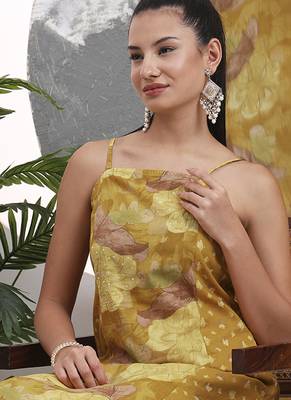 mustard floral print sequins work cotton kurta trouser with dupatta set 5