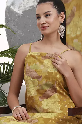 mustard floral print sequins work cotton kurta trouser with dupatta set