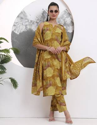 mustard floral print sequins work cotton straight kurta trouser with dupatta set 1