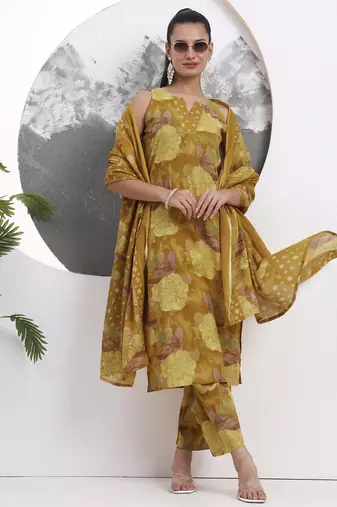 mustard floral print sequins work cotton straight kurta trouser with dupatta set