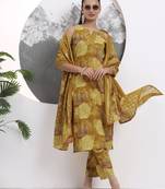 mustard floral print sequins work cotton straight kurta trouser with dupatta set