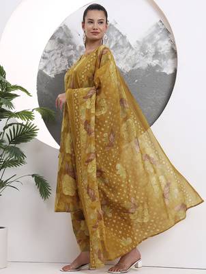 mustard floral print sequins work cotton straight kurta trouser with dupatta set 2