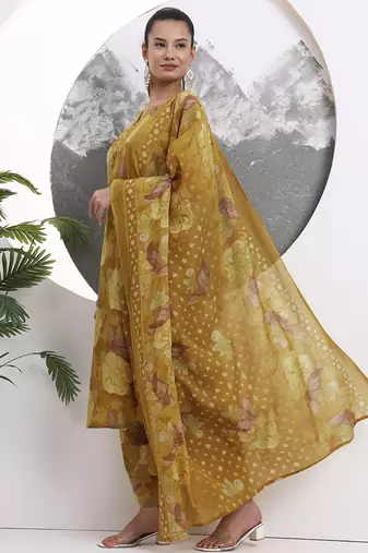 mustard floral print sequins work cotton straight kurta trouser with dupatta set