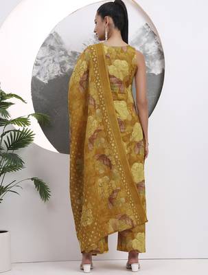 mustard floral print sequins work cotton straight kurta trouser with dupatta set 3