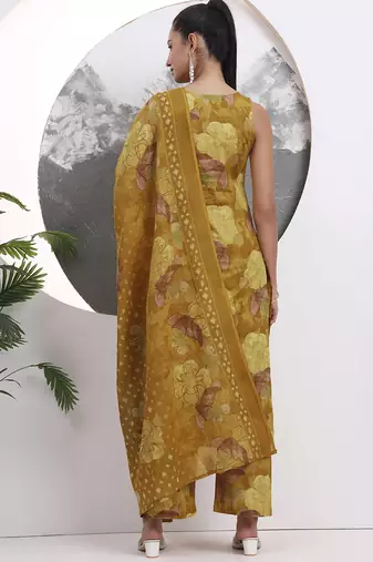 mustard floral print sequins work cotton straight kurta trouser with dupatta set