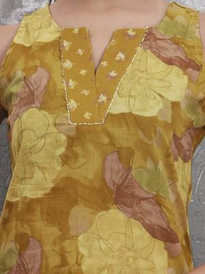 mustard floral print sequins work cotton straight kurta trouser with dupatta set 4