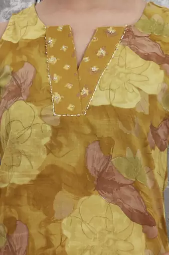 mustard floral print sequins work cotton straight kurta trouser with dupatta set