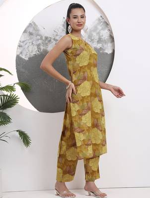 mustard floral print sequins work cotton straight kurta trouser with dupatta set 5