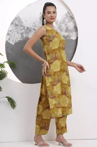 mustard floral print sequins work cotton straight kurta trouser with dupatta set