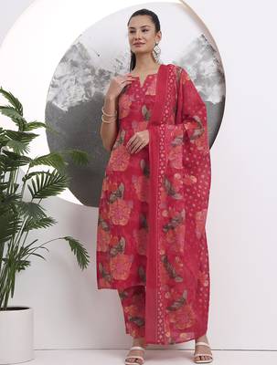 red floral print sequins work cotton straight kurta trouser with dupatta set 1