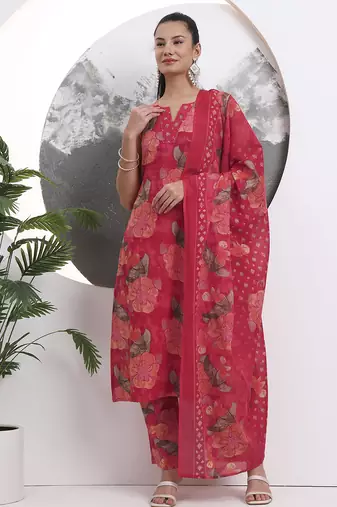 red floral print sequins work cotton straight kurta trouser with dupatta set
