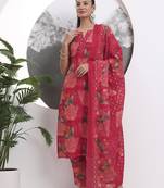 red floral print sequins work cotton straight kurta trouser with dupatta set