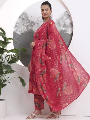 red floral print sequins work cotton straight kurta trouser with dupatta set 2