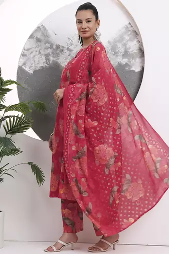 red floral print sequins work cotton straight kurta trouser with dupatta set