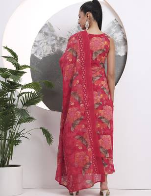 red floral print sequins work cotton straight kurta trouser with dupatta set 3