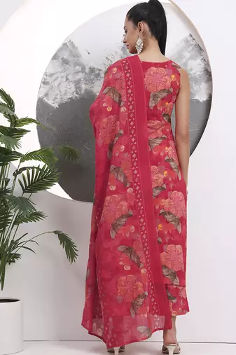red floral print sequins work cotton straight kurta trouser with dupatta set