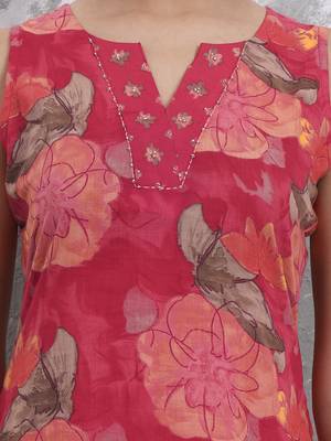 red floral print sequins work cotton straight kurta trouser with dupatta set 4