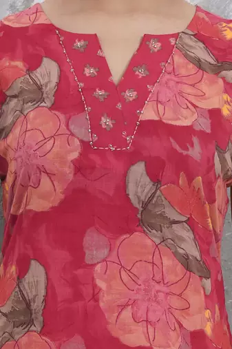 red floral print sequins work cotton straight kurta trouser with dupatta set