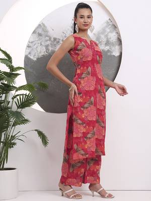 red floral print sequins work cotton straight kurta trouser with dupatta set 5