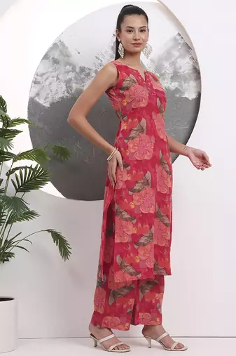 red floral print sequins work cotton straight kurta trouser with dupatta set