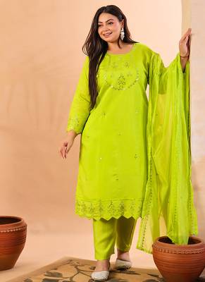 slik blend lime green straight plus size kurta dupatta pant set cotton lining kurta 1