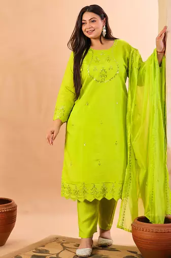 Yufta slik blend lime green straight plus size kurta dupatta pant set cotton lining kurta