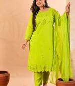 slik blend lime green straight plus size kurta dupatta pant set cotton lining kurta