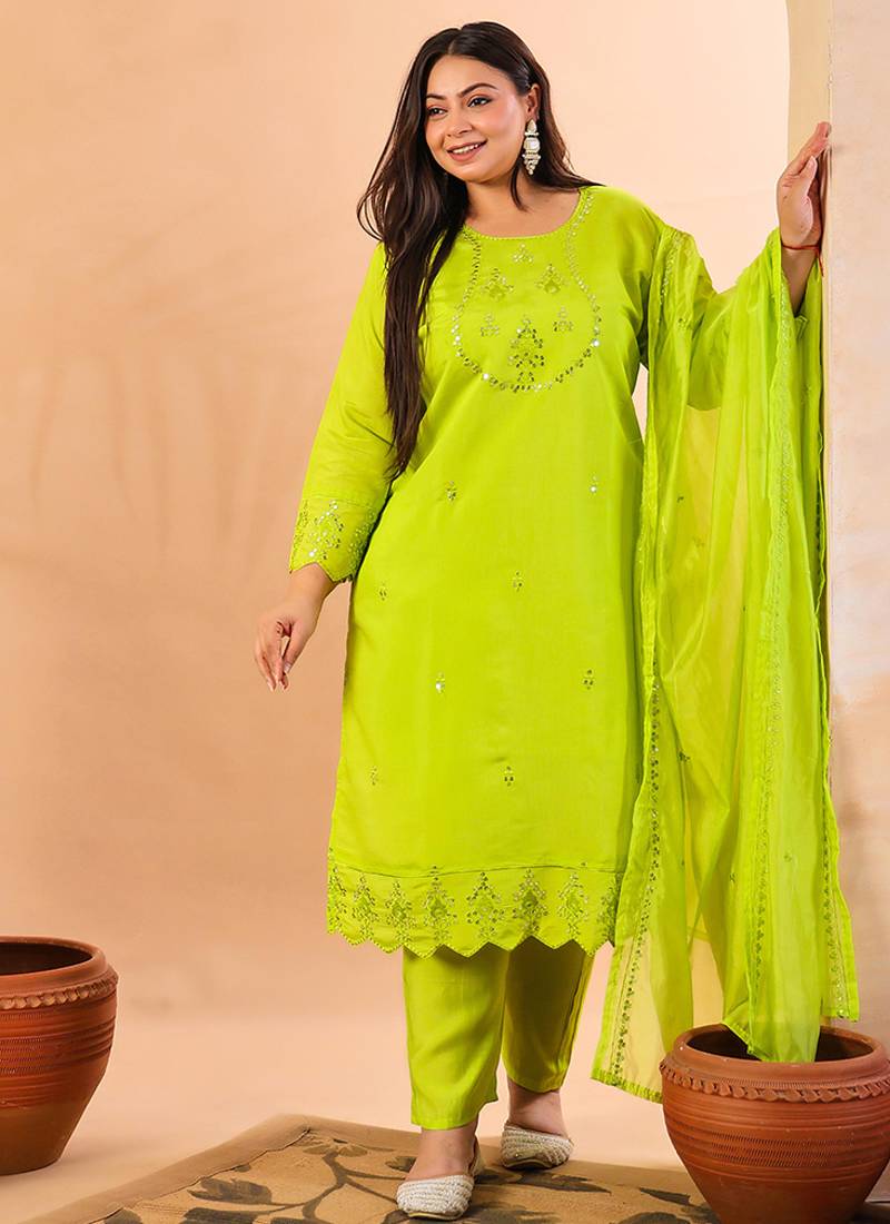 Yufta slik blend lime green straight plus size kurta dupatta pant set cotton lining kurta
